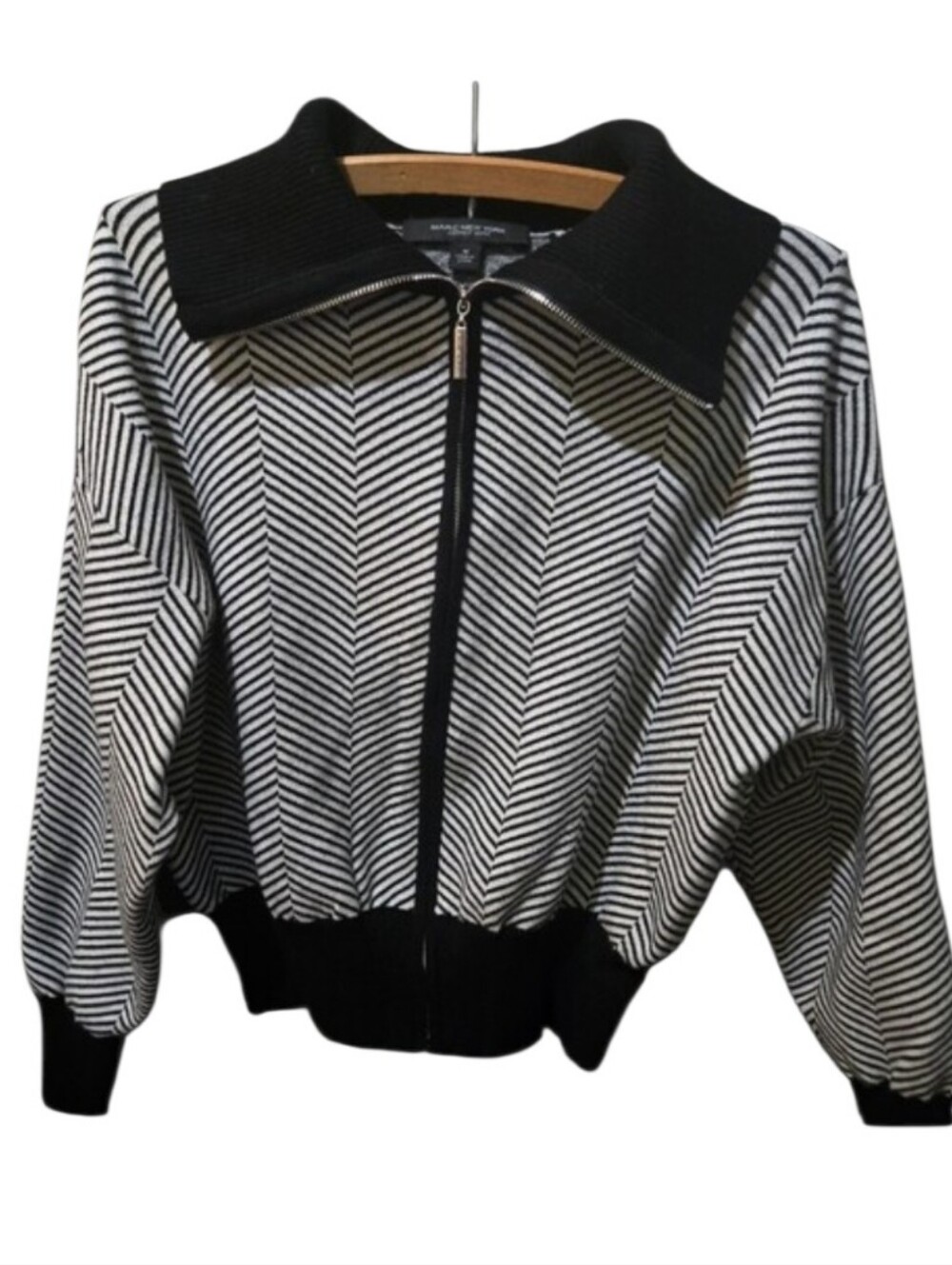 Marc New York Andrew Marc Chevron Zip Front Knit Bomber Jacket Black White M